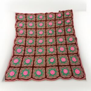 Hand Made Crochet Granny Square 3D Rose Floral Afghan Blanket 44”x36” Pink Brown